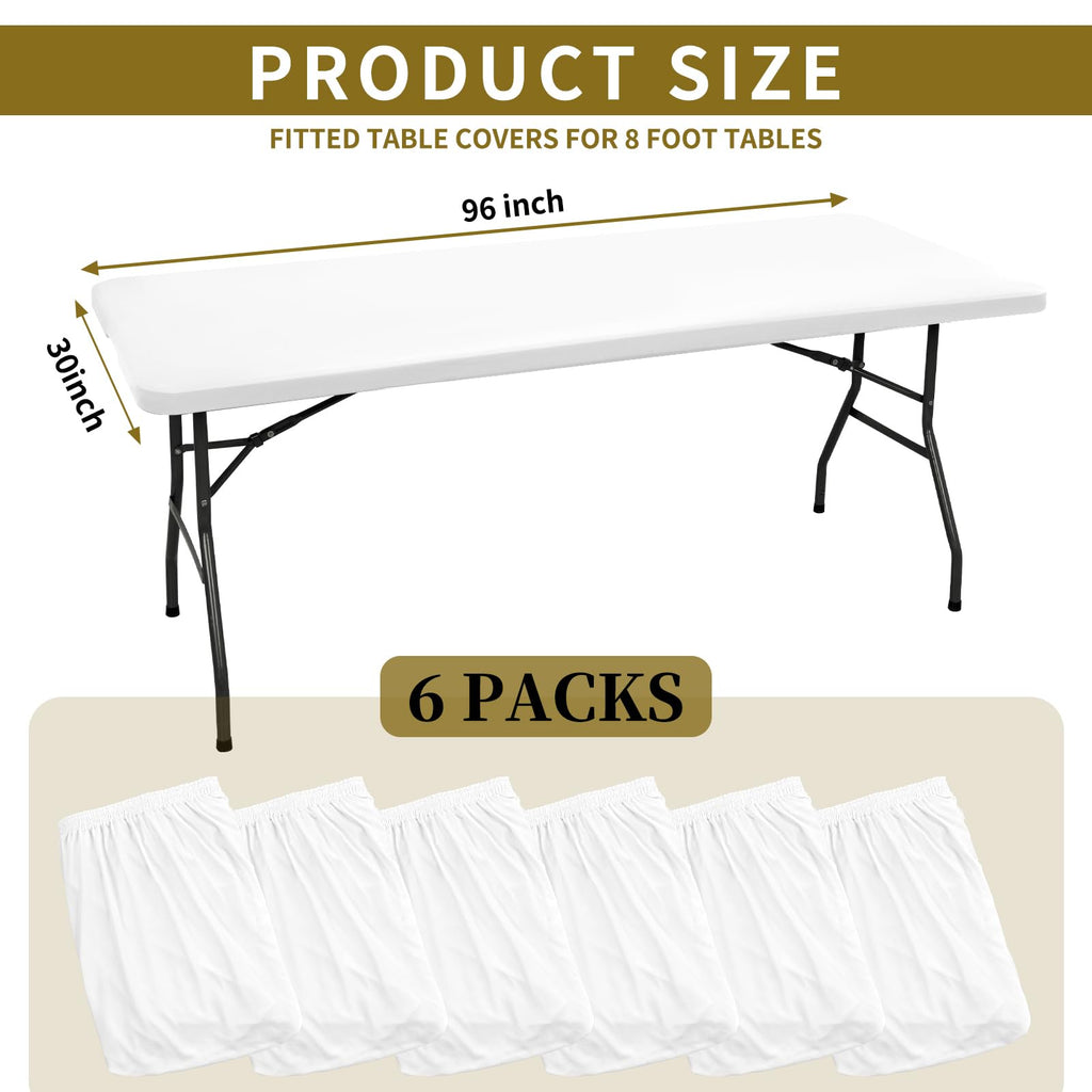 6 Pack Stretch Fabric Table Top Cap Cover, fits 8' Tables, Spandex Table Covers Washable Elastic Universal Rectangle Tablecloth Protector for Indoor Outdoor Party Picnic Wedding, White, 30" W x 96" L