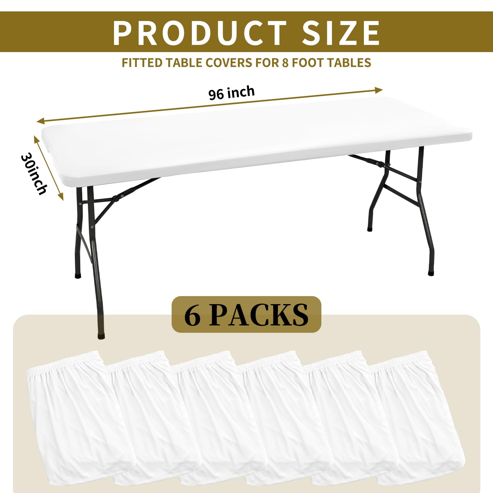 6 Pack Stretch Fabric Table Top Cap Cover, fits 8' Tables, Spandex Table Covers Washable Elastic Universal Rectangle Tablecloth Protector for Indoor Outdoor Party Picnic Wedding, White, 30" W x 96" L