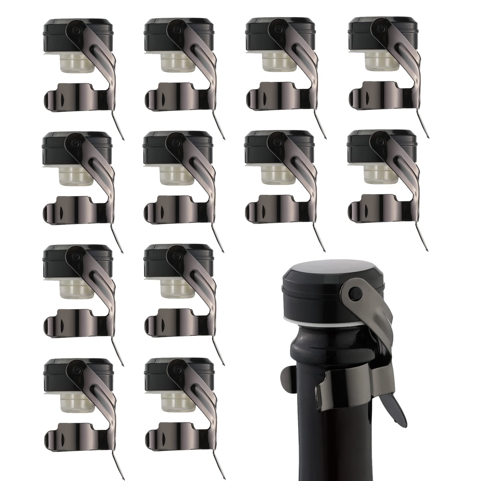WOTOR Champagne&Wine Bottle Stoppers Stainless Steel with Food Grade Silicone, Leak Proof Keep Fresh Reusable Saver, Cork Suitable for Wine, Champagne, Cava, Prosecco and Sparkling (12 Pack Black）