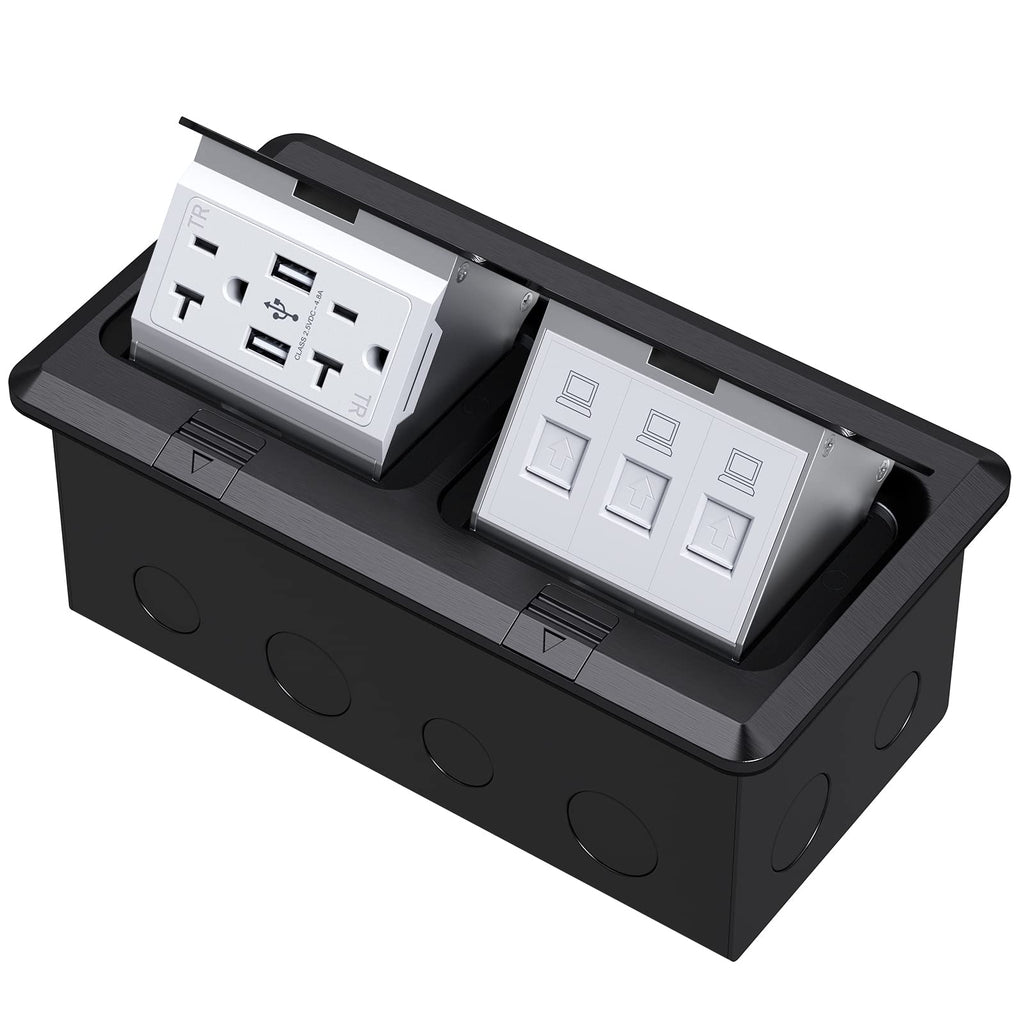 KYHSHJ Dual Pop-Up Floor Electrical Outlet Box Kit，20 Amp Stainless Steel GFCI TR Receptacle Outlet，3-Port RJ45 Datacom Receptacle， Black