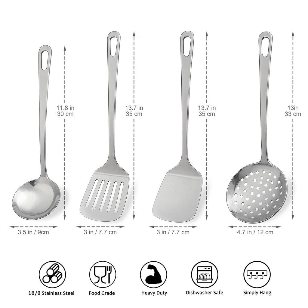 4pcs Cooking Utensils Set - Stainless Steel Kitchen Utensils, Heavy Duty Metal Kitchen Tools with Stainless Steel Spatula Solid & Slotted Turner, Ladle, Skimmer, Dishwasher Safe Easy to Clean