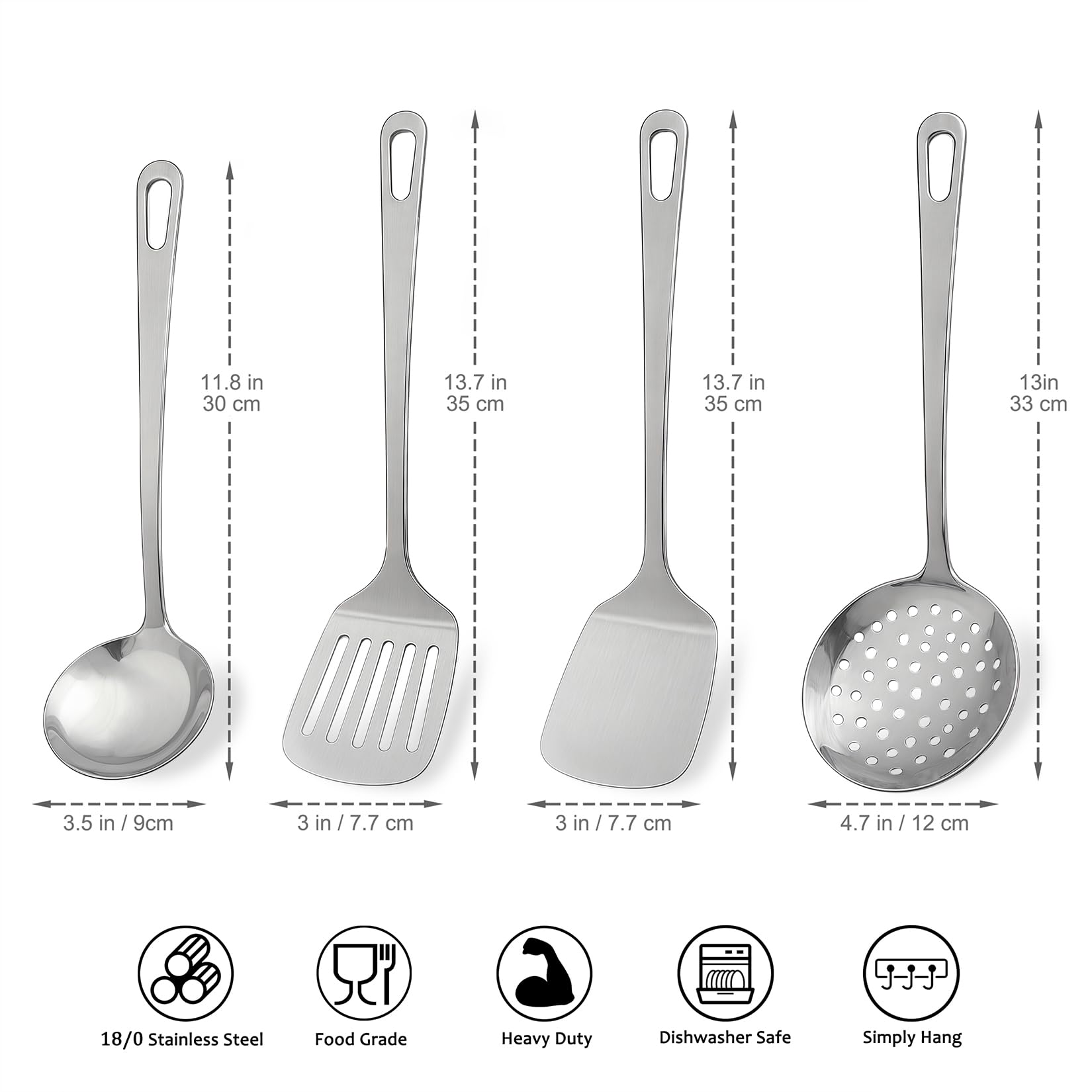 4pcs Cooking Utensils Set - Stainless Steel Kitchen Utensils, Heavy Duty Metal Kitchen Tools with Stainless Steel Spatula Solid & Slotted Turner, Ladle, Skimmer, Dishwasher Safe Easy to Clean
