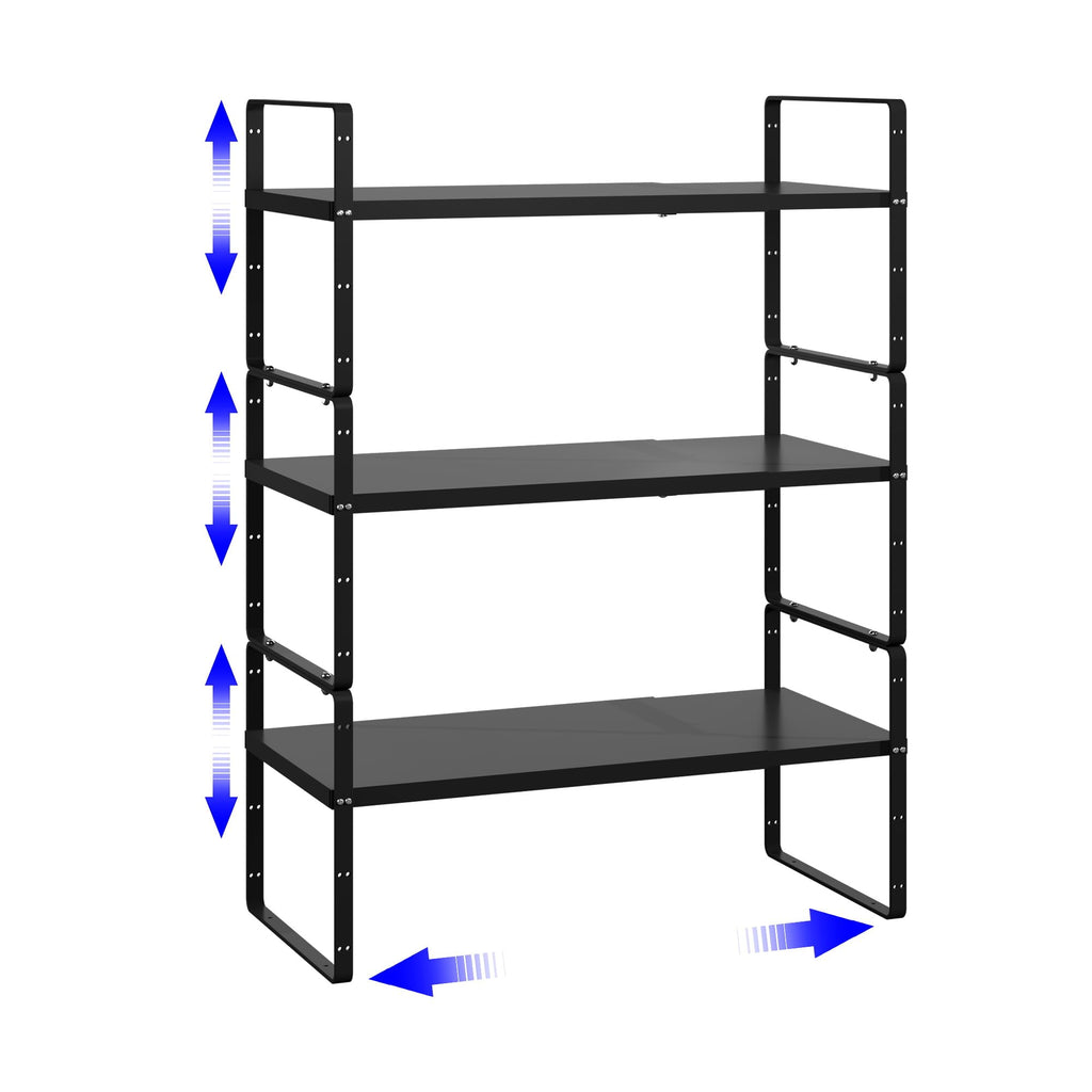 KIKIBRO Expandable Cabinet Shelf Organizer, Stackable Kitchen Pantry Counter Storage, Adjustable Closet Cupboard Stand Rack Risers Spice Organization 80LBS Heavy Duty Black Large 2 Pack