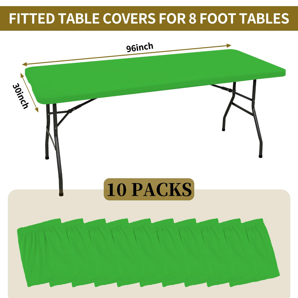 10 Pack Fitted Tablecloth for 8 Foot Rectangle Tables, Green Elastic Outdoor Picnic Table Cover, Washable Stretch Folding Table Cloths 8 ft for Camping Party Patio Kitchen Banquet, 30" W x 96" L