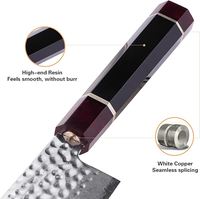 FINDKING Eternity Series Japanese Santoku Knife with ABS sheath, Professional Kitchen Knife, 9Cr18MoV Damascus Steel Blade, Resin Octagonal Handle, for Meat, Fruits, Vegetables, 7 Inches