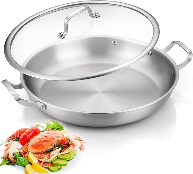 DELARLO 13 Inch Tri-Ply Stainless Steel Paella Pan With Lid, Big Frying Pan, kitchen Induction Large Skillets,Great for Paella Parties Indoors Outdoors,Heavy Duty Style