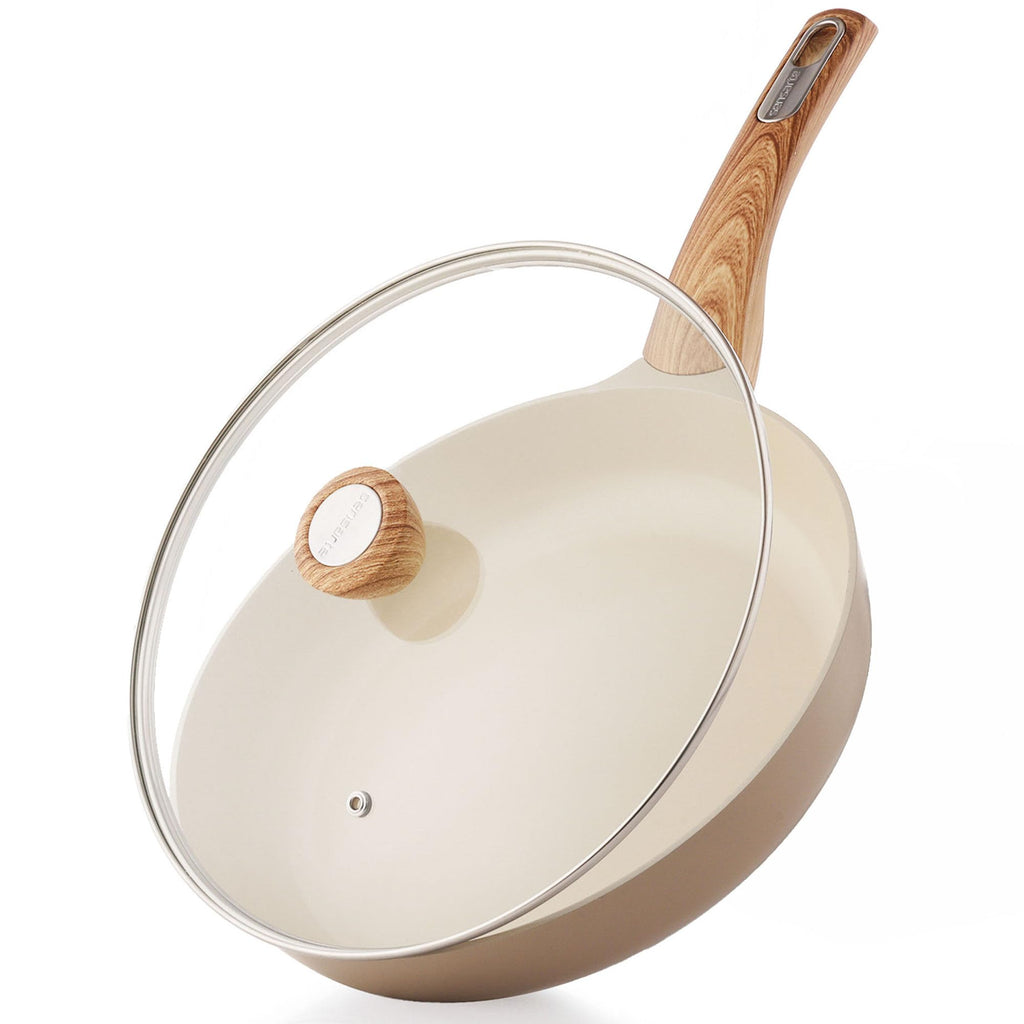 SENSARTE 9.5inch Ceramic Nonstick Frying Pan Paella Pan with Lid, Taupe