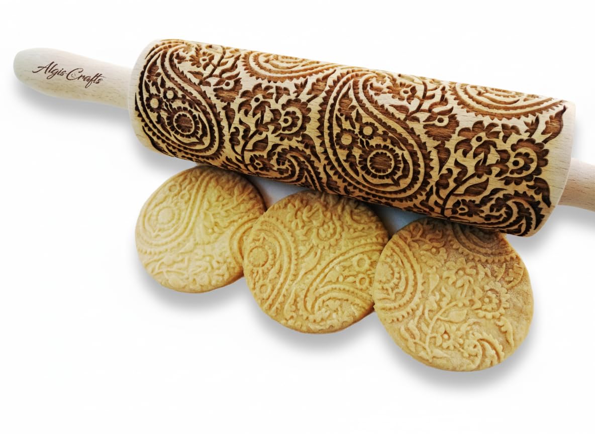 AZTEC Embossed Rolling Pin for Ceramic. Clay Roller and Ceramic Stamp for Embossing Pottery. Baking Gifts for Women by Algis Crafts for Embossed Cookies