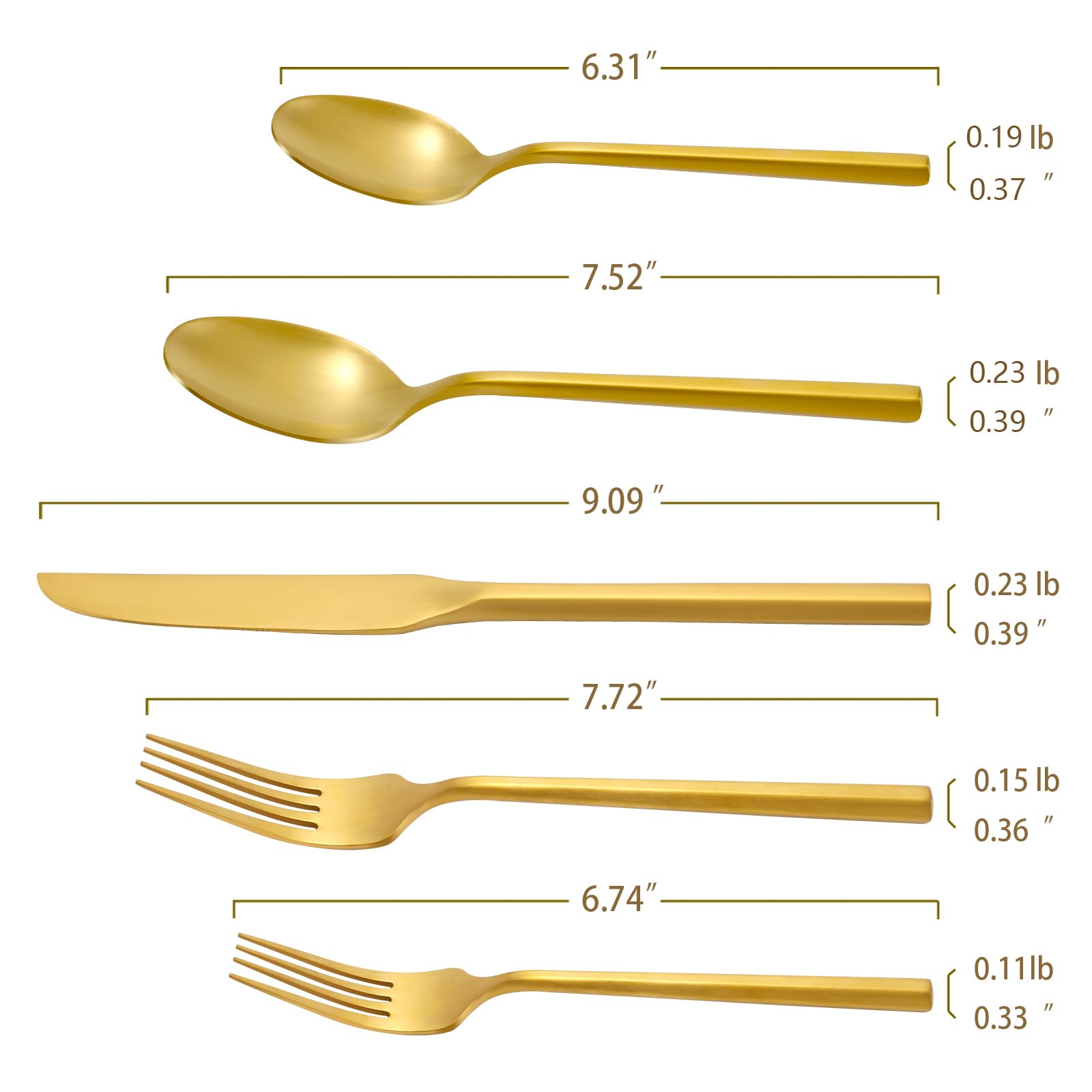 DEACORY Silverware Set Flatware Set Matte Gold Cutlery Set Brushed Brass Heavy Hexagon Handle Stainless Steel 40 Pieces Dishwasher Safe Service for 8