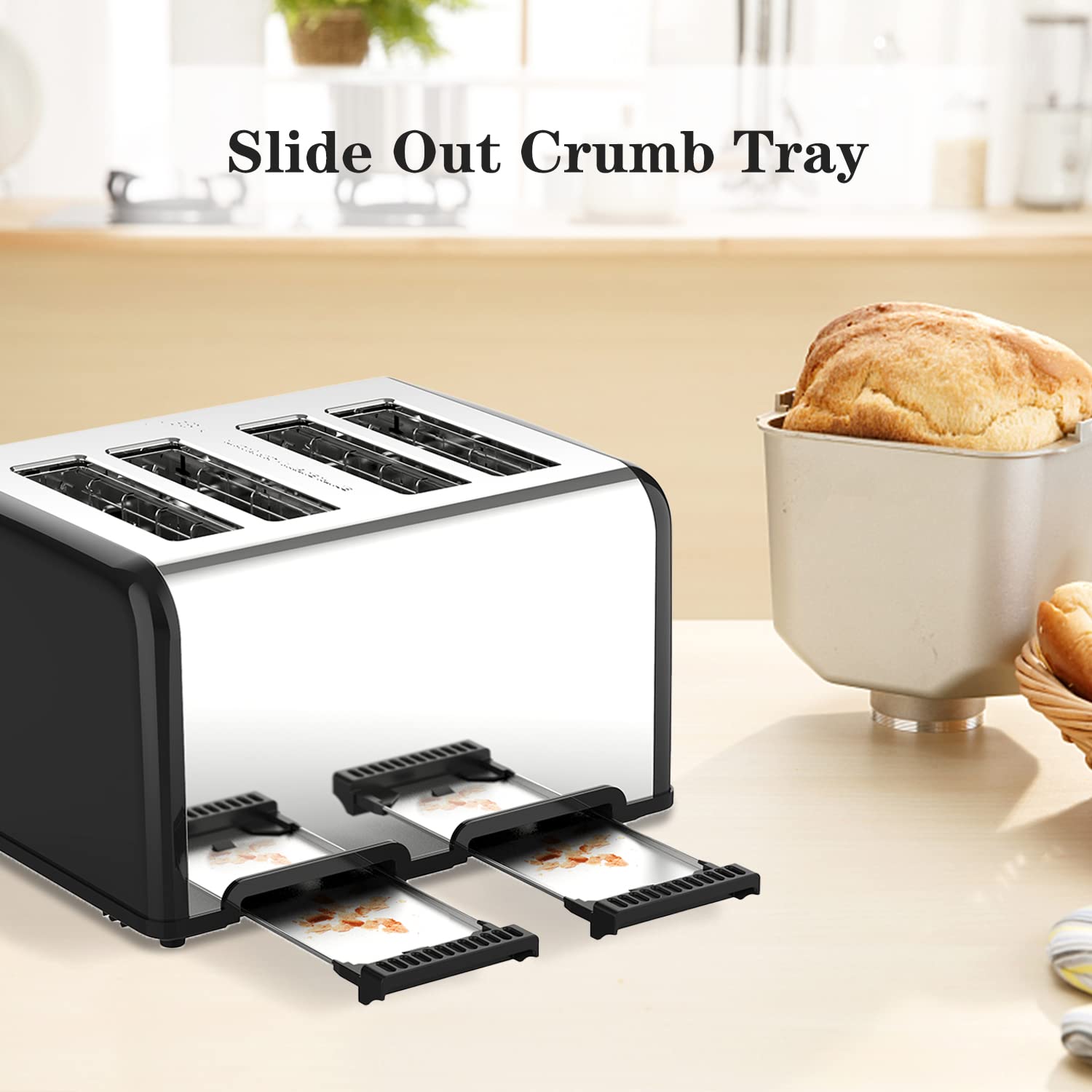 Toaster 4 Slice, KitchMix Bagel Stainless Toaster with LCD Timer, Extra Wide Slots, Dual Screen, Removal Crumb Tray (Black)