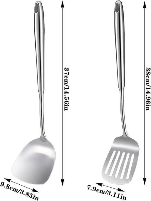 18/10 Stainless Steel Spatula Set, 15'' Metal Spatulas for Kitchen Use, 1 Slotted Turner + 1 Solid Turner, Kitchen Cooking Utensils Set, Heat Resistant Dishwasher Safe Easy to Clean, Silver