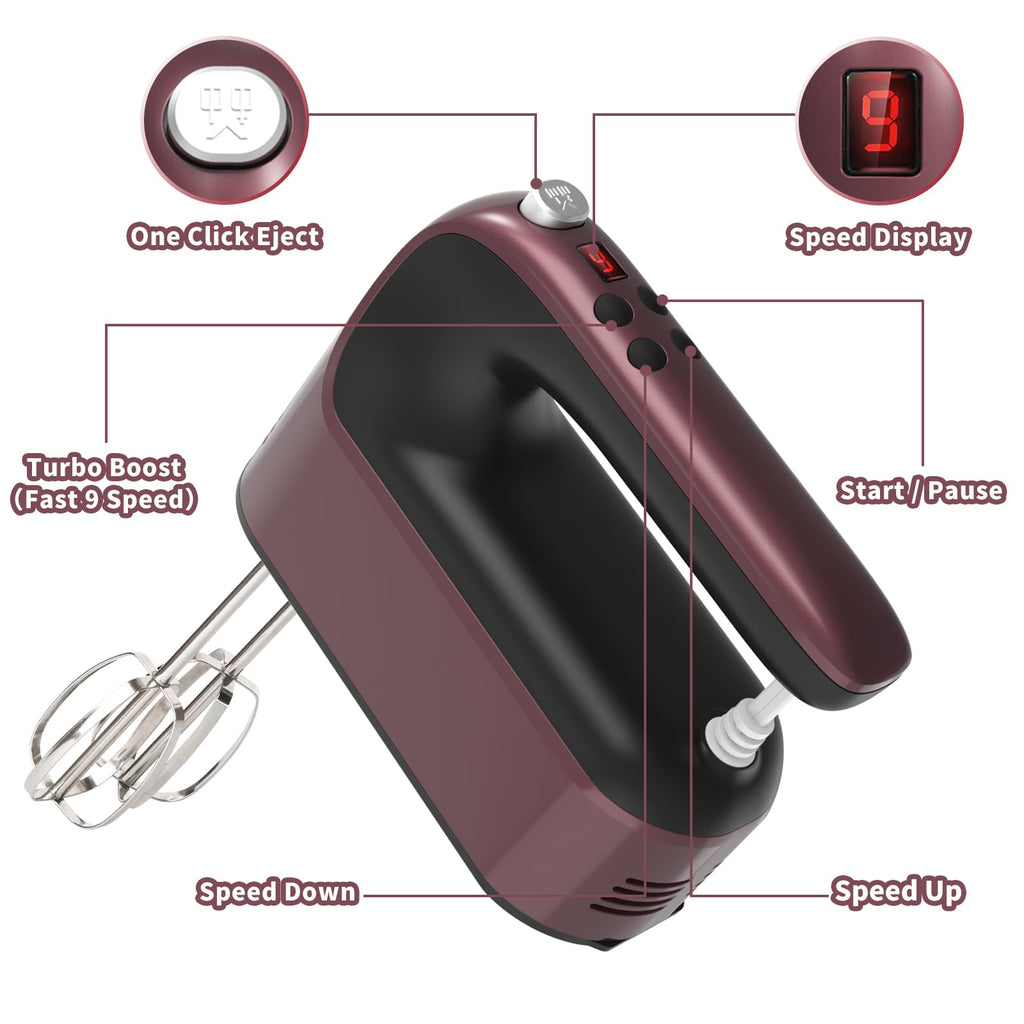 Yomelo 9-Speed Digital Hand Mixer Electric, 400W Powerful DC Motor, Hand Mixer Electric Handheld with Snap-On Storage Case, 5 Stainless Steel Accessories, Beaters, Dough Hooks, Whisk(Grape Purple)