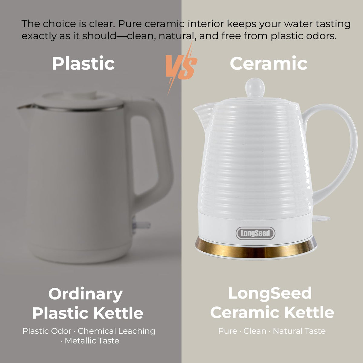 LONGSEED 1000W Ceramic Electric Kettle with 4 Mugs & Infuser, 1.2L Rapid Boil, Ideal Gift for Housewarming, Wedding, Tea Lovers, Auto Shut-Off, Boil-Dry Protection