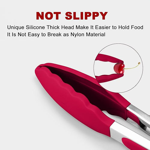 2 Pack Silicone Kitchen Tongs – 9" & 12" Set, Heat Resistant up to 500°F, Non‑Stick Cookware Safe, Wavy Silicone Tips, BPA Free, Locking Clip & Hanging Loop, Wine Red