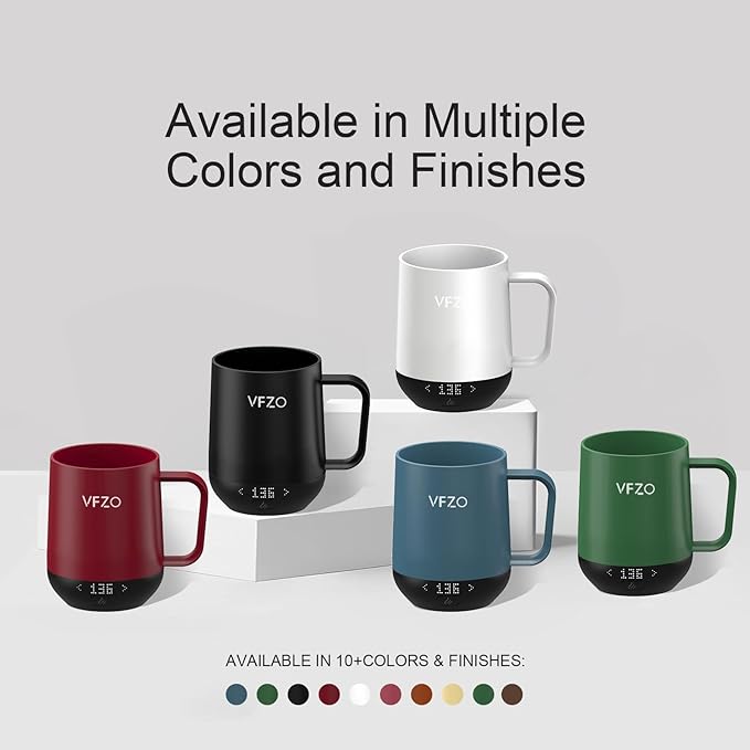 VFZO Temperature Control Smart Mug, Self Heating Coffee Mug LED Display, 180 Min Battery Life - Hot up to 149℉ Fast Wireless Charger Base Improved Design (12oz, Coffee)