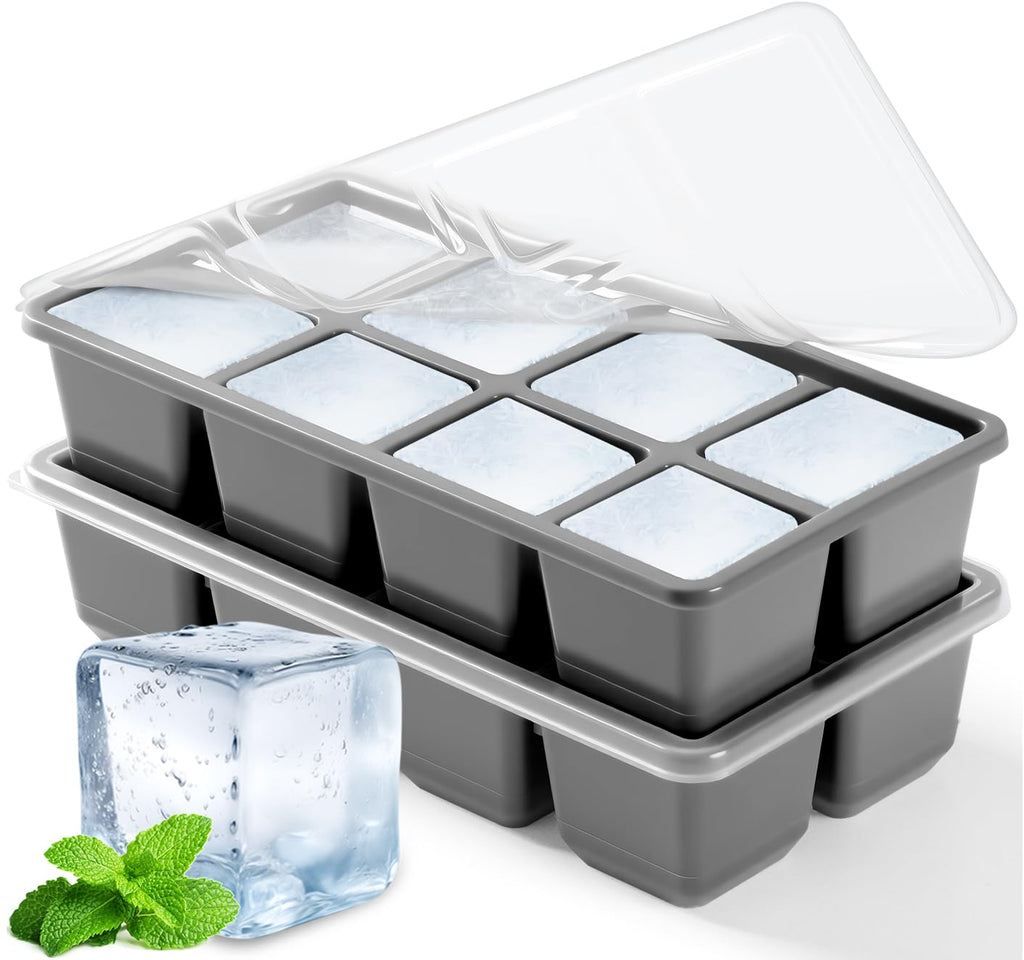 Large Ice Cube Trays with Lid, Jrisbo 2 Pack Stackable Silicone Ice Cube Molds for Freezer, Easy Release 16 Big Square Ice Trays for Whisky Cocktails (Pure Gray)