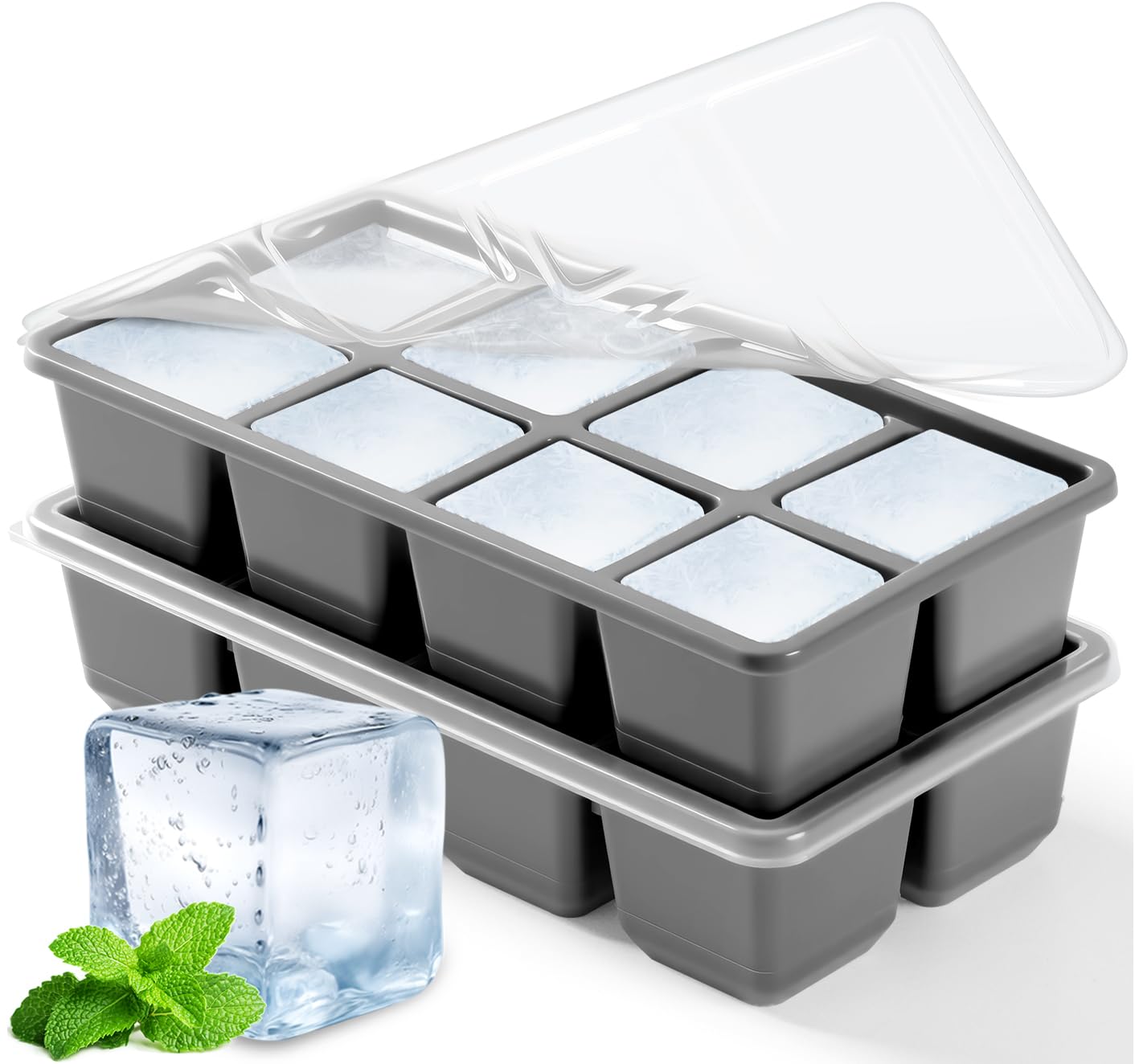 Large Ice Cube Trays with Lid, Jrisbo 2 Pack Stackable Silicone Ice Cube Molds for Freezer, Easy Release 16 Big Square Ice Trays for Whisky Cocktails (Pure Gray)