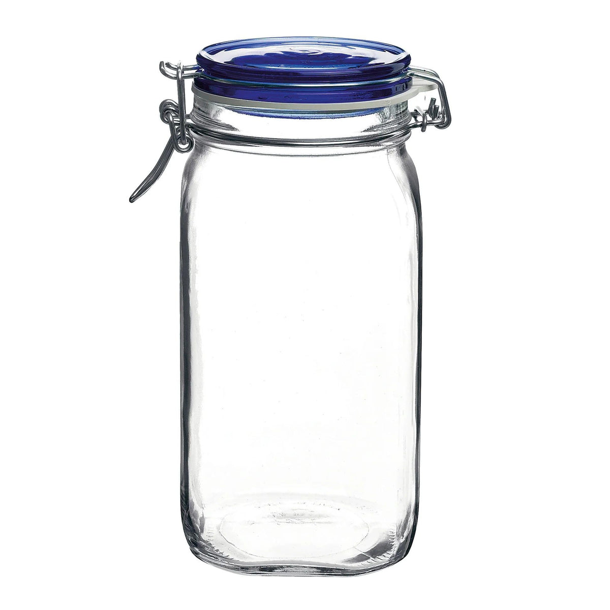 Bormioli Rocco Fido Glass Jar, Blue Lid - Serving & Entertaining Container - 33.75 oz Airtight Clamp Canister for Appetizers, Desserts, Snacks & Gifting - Italian Glass, Dishwasher Safe