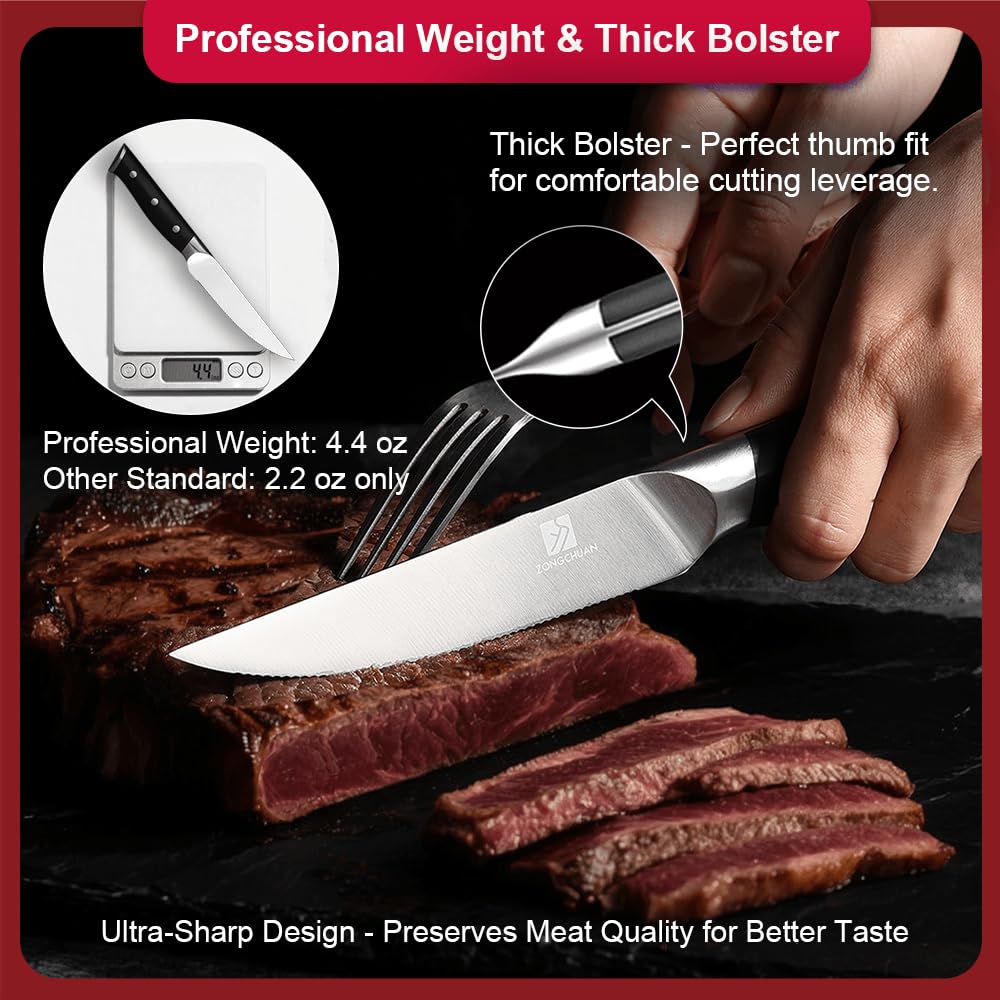 zongchuan Steak Knife,4.5inch Steak Knives Set of 2,High-Carbon Stainless Steel Knife Set,Serrated Blade Sharp Knives,Dishwasher Safe,Ergonomic Black Handel,Full Tang Design With Excellent Gift