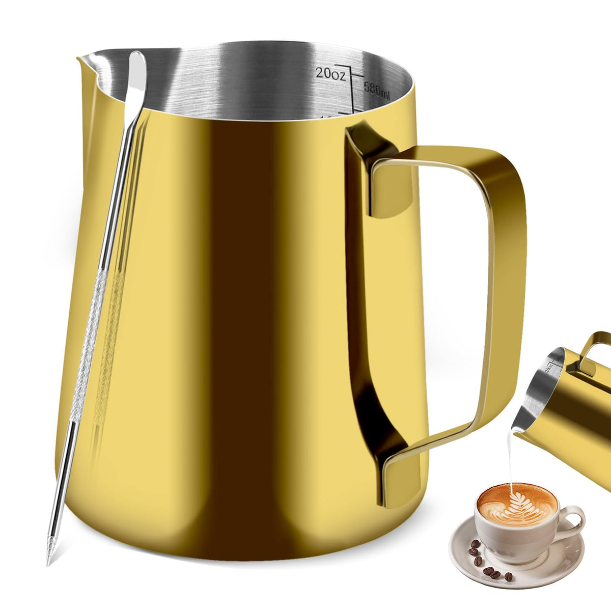 Milk Frothing Pitcher, 12OZ/350ML Stainless Steel Espresso Steaming Pitcher Coffee Milk Frother Cup with Decorating Art Pen for Espresso Machine, Milk Frother, Latte Art Black