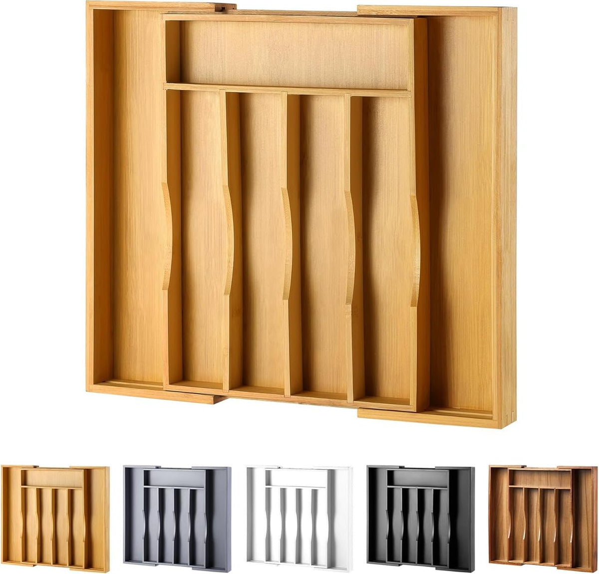 oridom Expandable Bamboo Kitchen Drawer Organizer for Cutlery and Utensils, Adjustable Bamboo Wood Cutlery Tray in Drawer for Flatware and Silverware in Kitchen, (White)