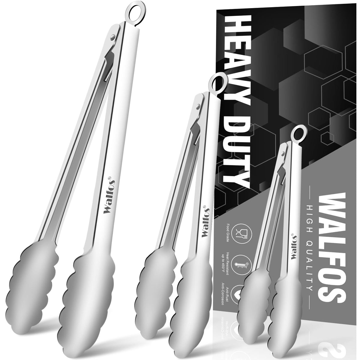 Walfos tongs for cooking, All Metal Kitchen Tongs 600℉ Heat Resistant, Heavy Duty Locking Tongs 2-piece 12 Inch