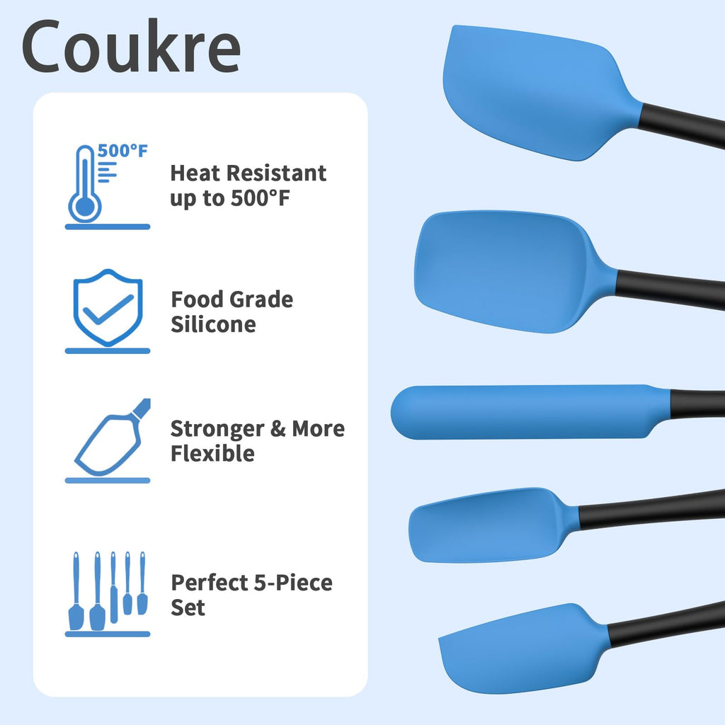Coukre Silicone Spatula Set of 5,High Temperature Resistant, Food Grade Silicone, Dishwasher Safe, for Baking, Cooking (Blue Black)