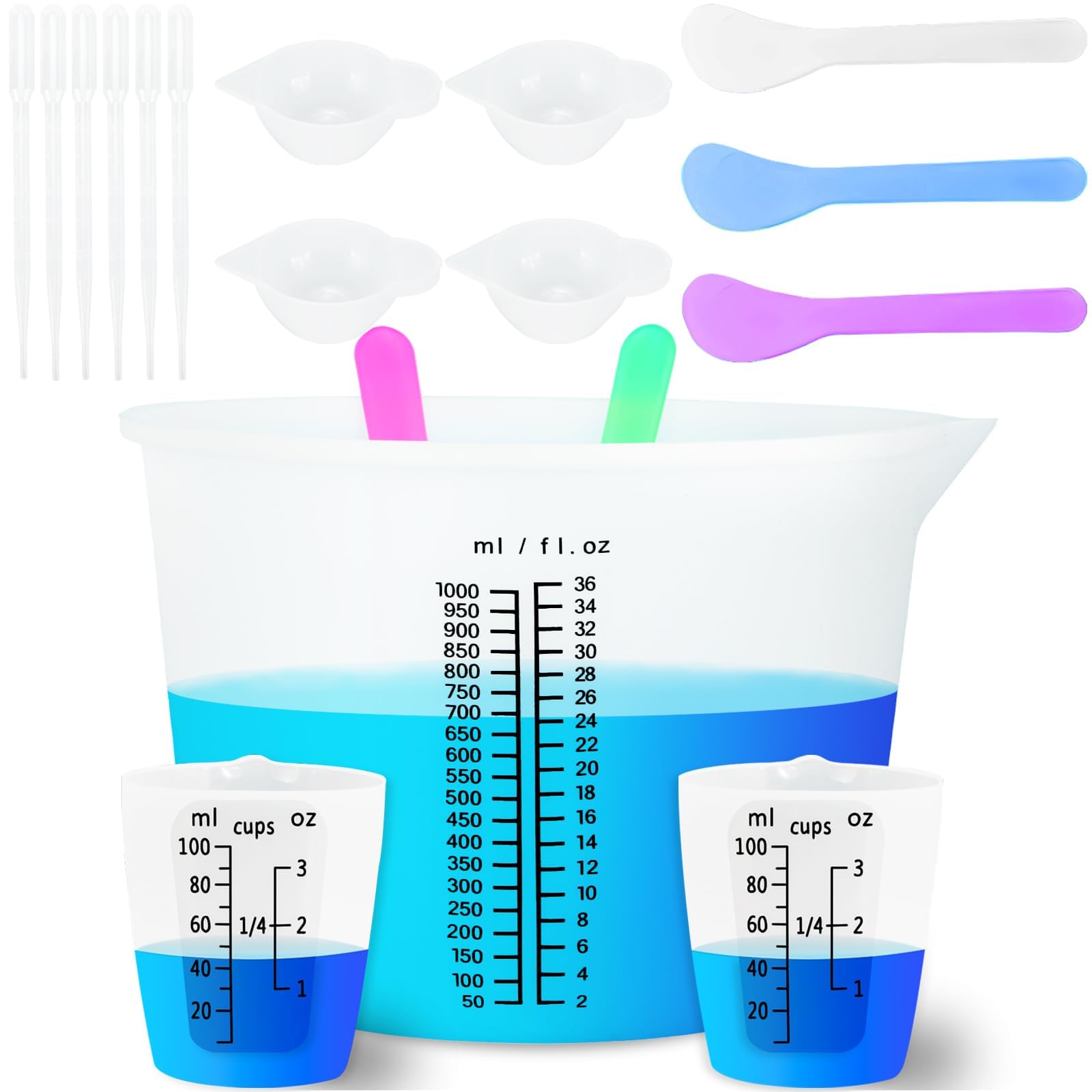 Creahaus 1000ML Large Silicone Measuring Cups for Resin, Easy to Read 36oz Silicone Mixing Bowl with 100ML Mixing Cup, Easy Clean Reusable Epoxy Resin Supplies with Stir Stick, Pipettes