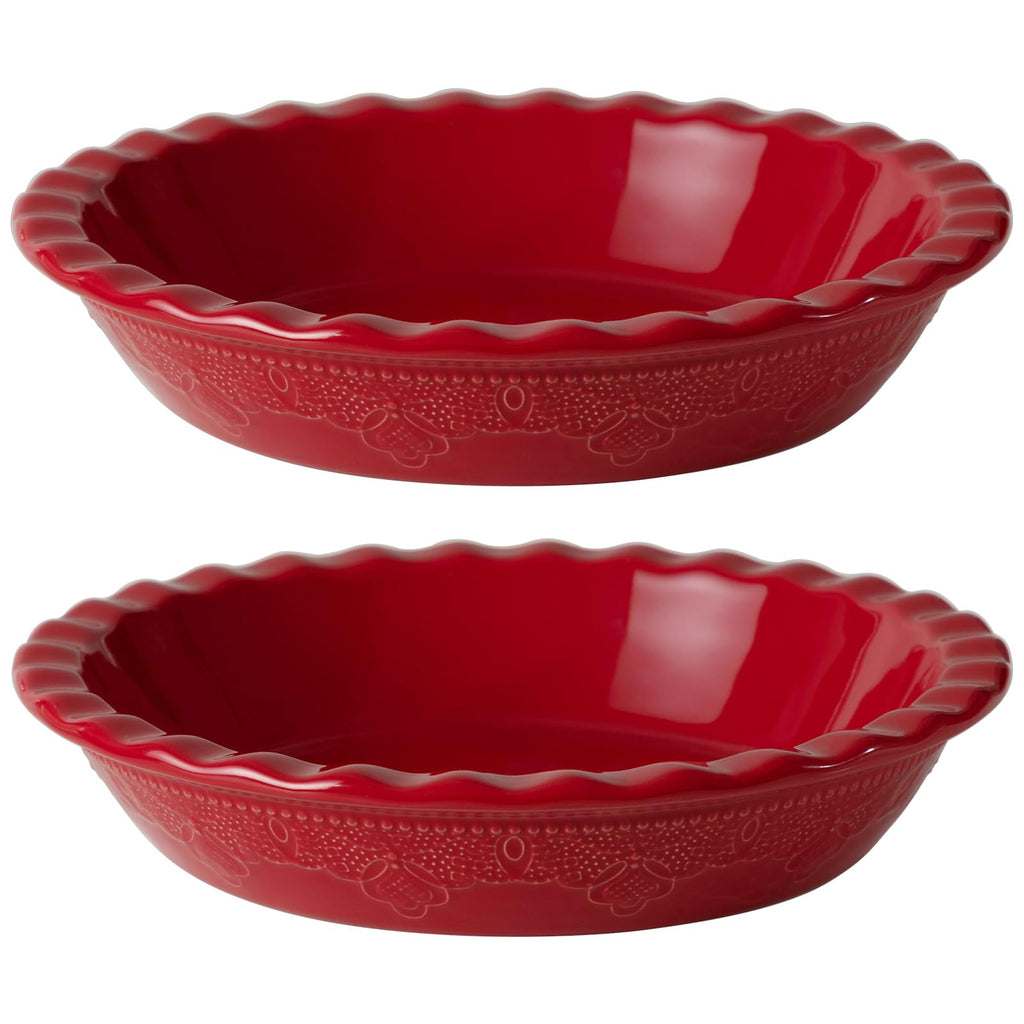 Fun Elements Pie Pan, 9 Inch Ceramic Pie Dish, Deep Dish Pie Pan with Lace Emboss, Ruffled Pie Plate for Baking, Thanksgiving Christmas Gifts, Set of 2, White