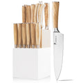 Kangdelun Ultra Sharp 14-Piece Kitchen Knife Set, High Carbon Stainless Steel Blades, Torrefied Natural Wood Handles, Ergonomic Design, Space-Saving White-Finished Wood Block, Easy Hand Wash, Gift Box