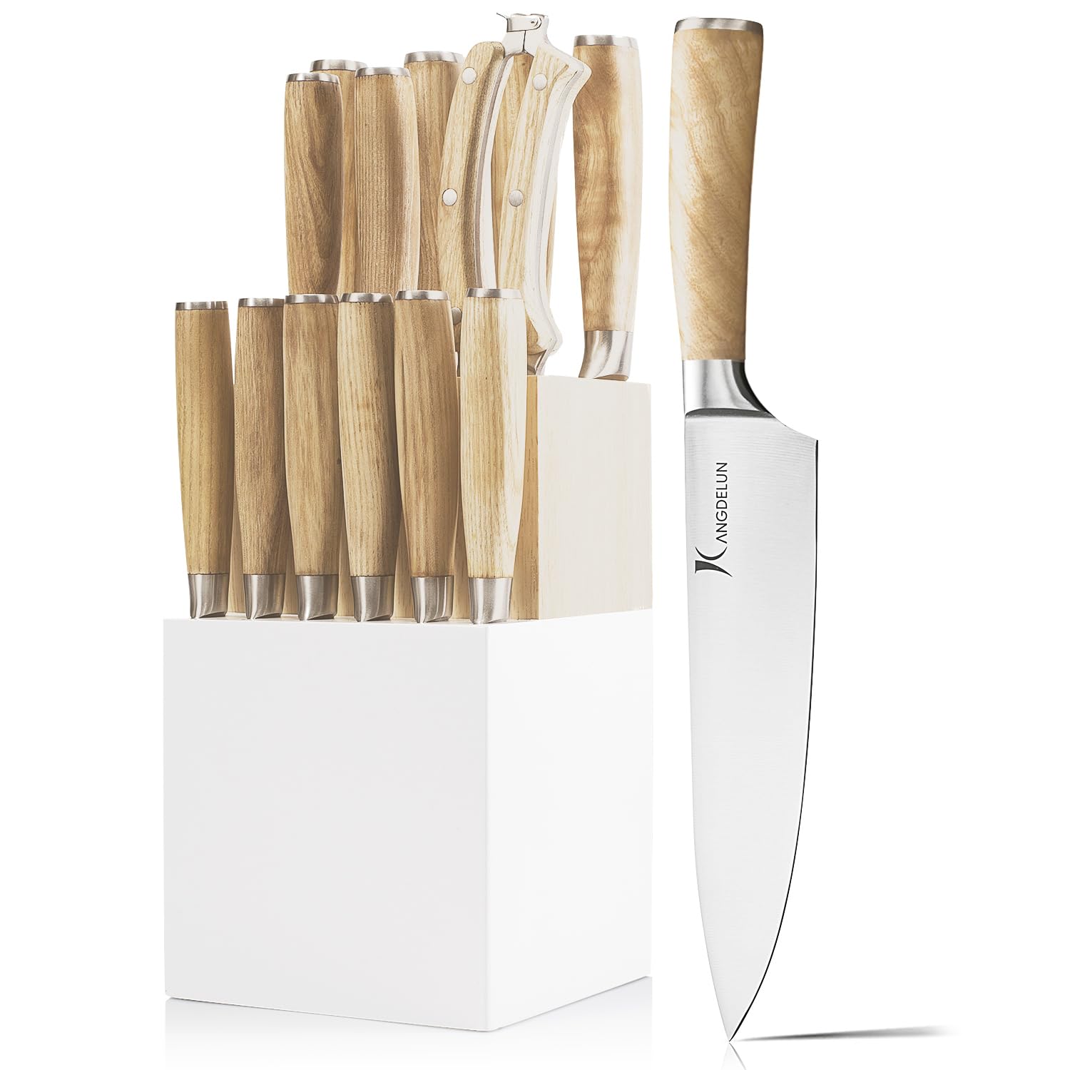 Kangdelun Ultra Sharp 14-Piece Kitchen Knife Set, High Carbon Stainless Steel Blades, Torrefied Natural Wood Handles, Ergonomic Design, Space-Saving White-Finished Wood Block, Easy Hand Wash, Gift Box