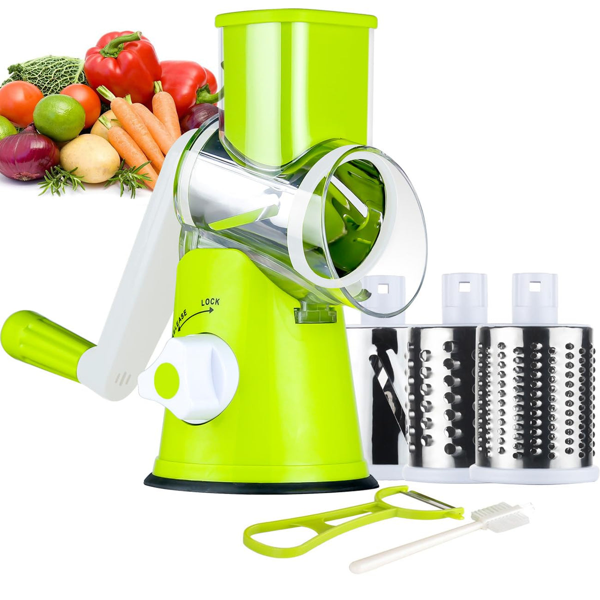 Ourokhome Rotary Cheese Grater Hand Crank, Kitchen Shredder Speed Mandolin Slicer Nut Grinder with Handle and Drum Blades for Cheese, Vegetable, Walnut, Chocolate, Potato, Carrot, 3 Blades, Red