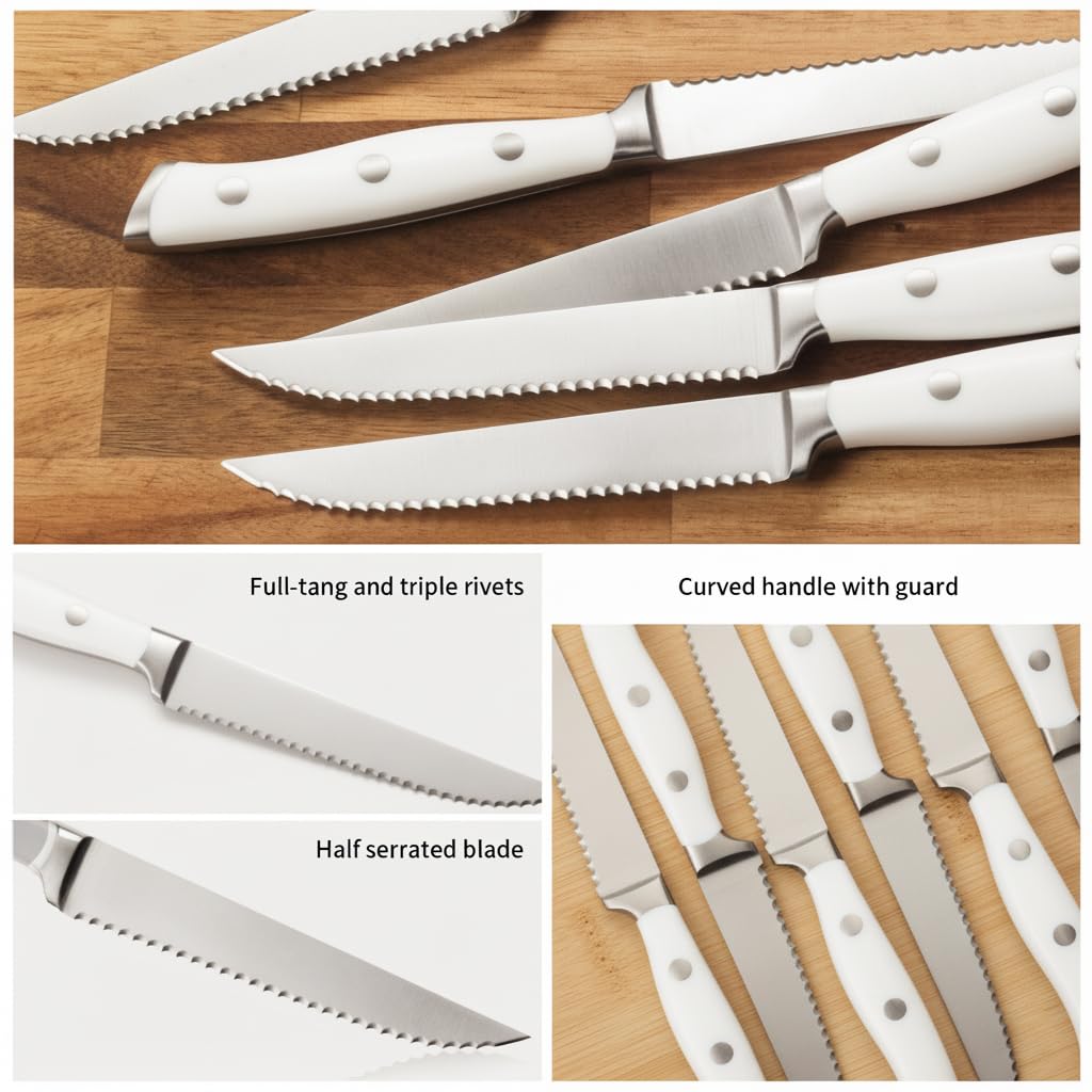 Alata 6-Piece White Steak Knives Set, Stainless Steel Steak Knife set with Serrated Edge, Razor-Sharp, Full-Tang Construction