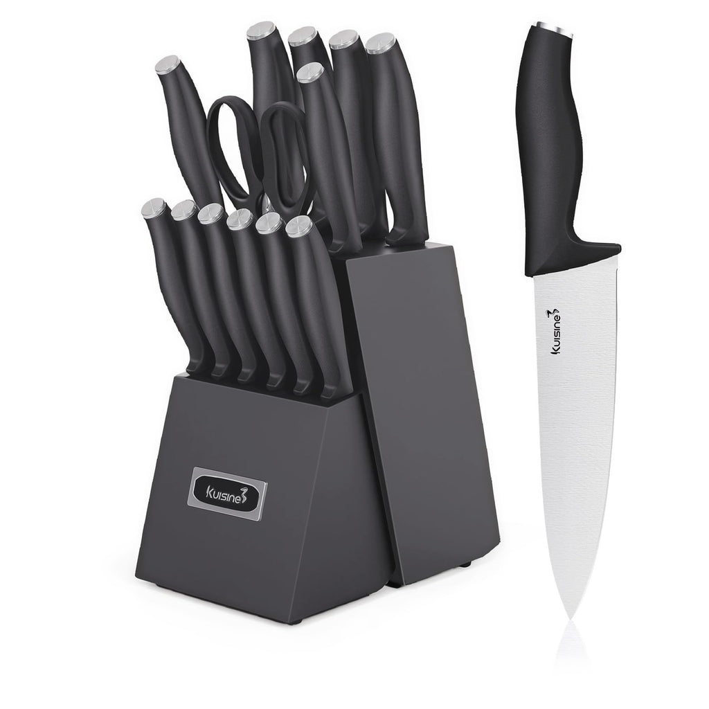 KUISINE Upgraded Chef Knife Set,High Carbon Stainless Steel Ultra Sharp Blade Ergonomic Handle,Kitchen Knife Block Set with Built-in Sharpener,Elegant Gift for Holiday(Silver Black,15PCS)