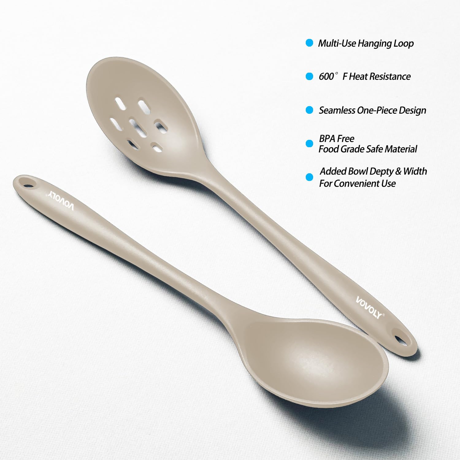 Silicone Slotted Spoons for Cooking - Extra Large Kitchen Spoons for Mixing, Serving, & Stirring - 600°F Heat-Resistant Non Stick Utensils Skimmer- Dishwasher Safe, Khaki