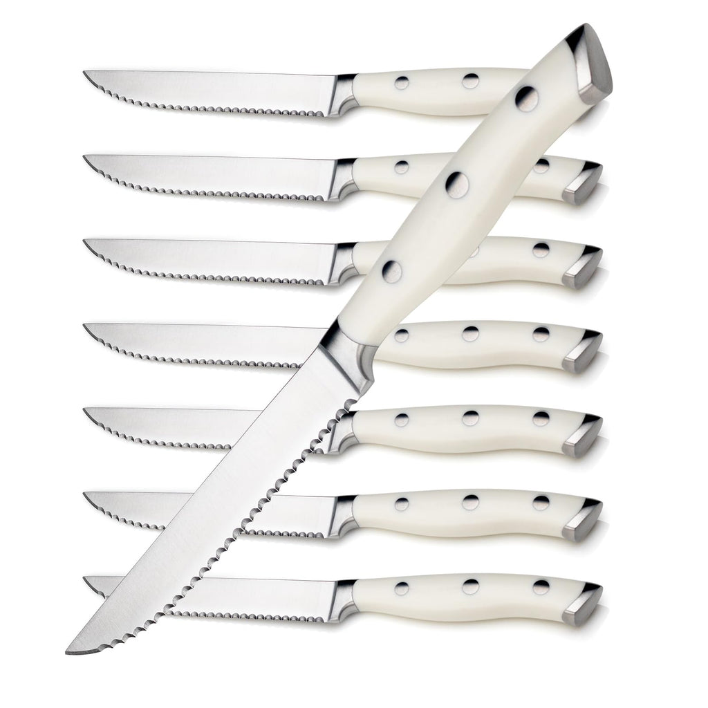 Alata 8-Piece Steak Knives Set with Block, Full-Tang Serrated Sharp Knives