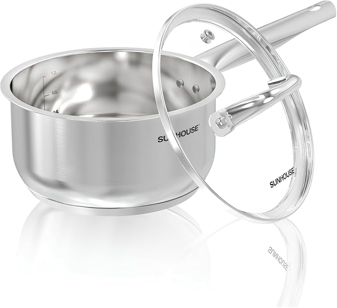 Sunhouse: Stainless Steel Saucepan - Classic: 2 Quart - Tempered Glass Lid, 3-Ply Bottom, Round-Edge Cookware Pot, All Cooktop-Oven-Dishwasher Safe
