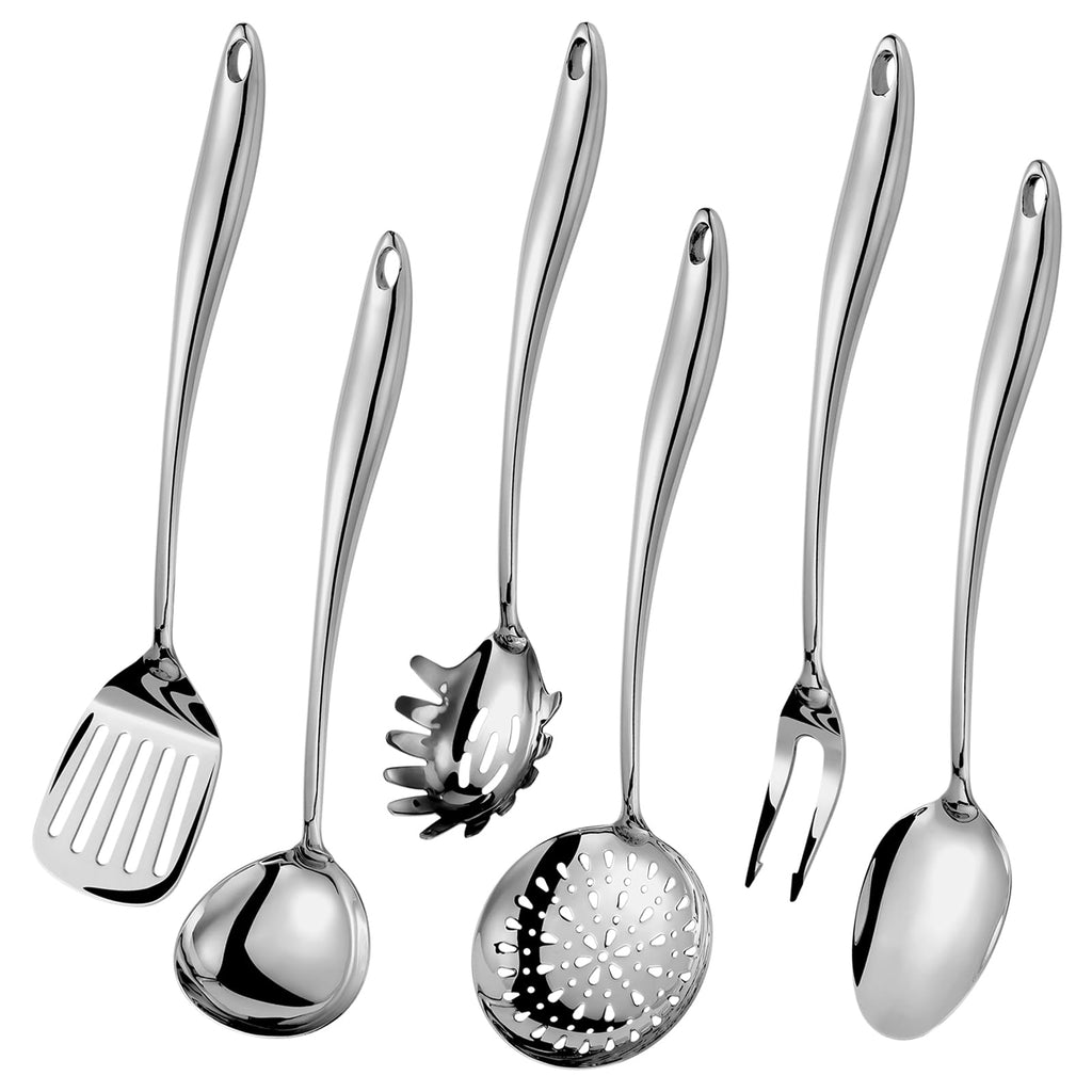 304 Stainless Steel Kitchen Utensils Set, 6 Pcs Long Metal Cooking Utensil with Spatula, Solid Spoon, Ladle, Skimmer, Spaghetti Spoon, Meat Fork, Dishwasher Safe