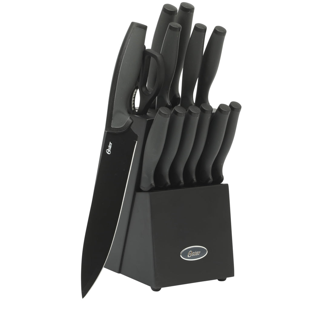 Oster Baldwyn 5-Piece Stainless Steel Knife Block Set with Wood Magnetic Stand – Countertop Display & Knife-Safe Storage