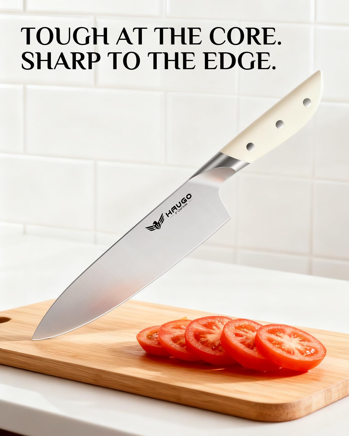 Haugo Kitchen Knife Set with Block: 14-Piece German Stainless Steel Full Tang Professional Knife - Comfortable Grip Reduces Hand Fatigue 30% - Dishwasher Safe & Sharpener - White Knife Set for Cooking