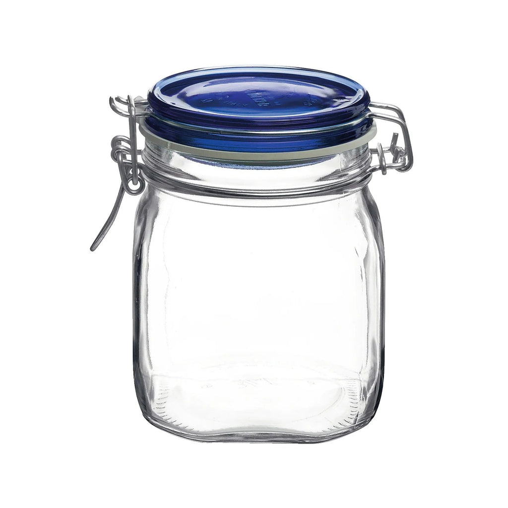 Bormioli Rocco Fido Glass Jar, Blue Lid - Serving & Entertaining Container - 33.75 oz Airtight Clamp Canister for Appetizers, Desserts, Snacks & Gifting - Italian Glass, Dishwasher Safe