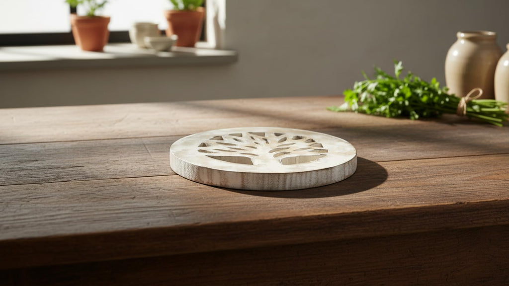 Handmade Wooden Trivet for Hot Dishes Plates & Pots Holder Hot Pad for Kitchen & Dining Table Decor Cookware Heat Resistant Rustic Decorative Carvings Tabletop Home & Dining Table Essentials (White)