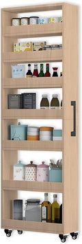7-Tier Slim Storage Cart, Wooden Rolling Pantry Cabinet with Wheels, Narrow Shelf Organizer for Kitchen, Bakers Rack, Dining Room, Closet, Small Spaces Light Walnut 73.2" H*9.8" W*23.6" D