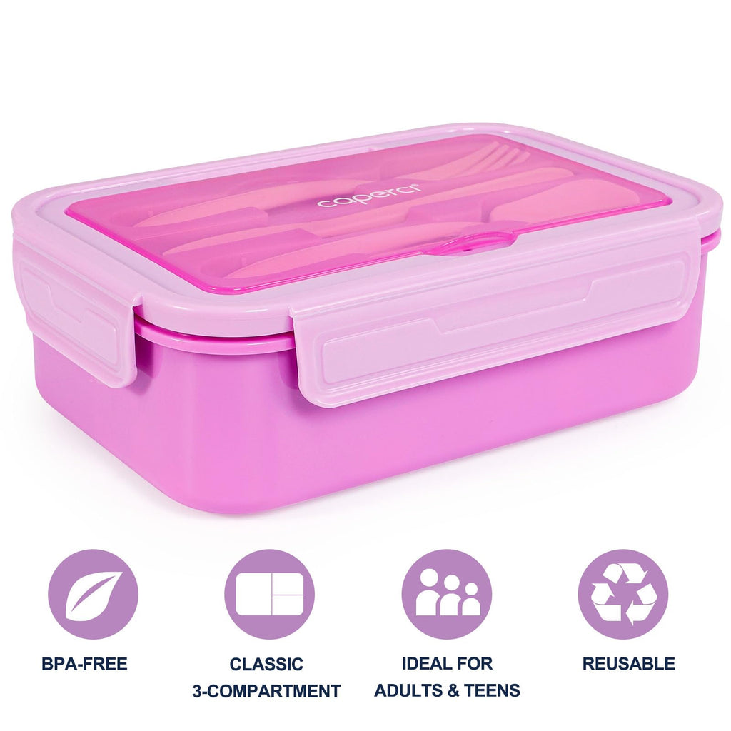 Caperci Classic Bento Lunch Box for Kids & Adults - Leakpoof 47oz Food Lunch Containers for Girls Women, 3-Compartment, Built-in Utensil Set, BPA-Free, Dishwasher/Microwave Safe (Vivid Orchid)