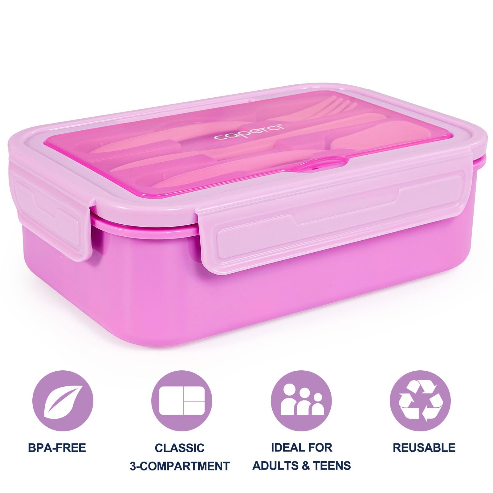 Caperci Classic Bento Lunch Box for Kids & Adults - Leakpoof 47oz Food Lunch Containers for Girls Women, 3-Compartment, Built-in Utensil Set, BPA-Free, Dishwasher/Microwave Safe (Vivid Orchid)