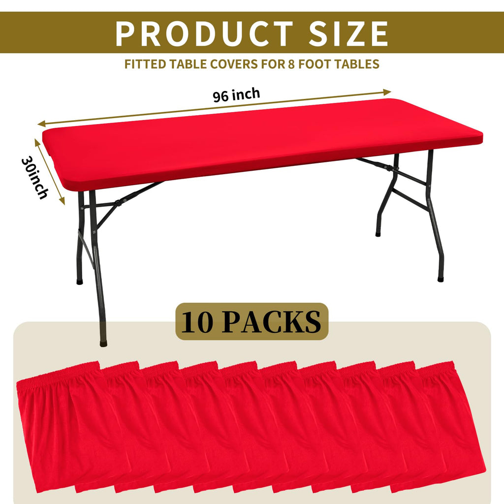 REWOMC 10 Pack Stretch Fabric Table Top Cap Cover, fits 8' Tables, Spandex Table Covers Washable Elastic Rectangle Tablecloth Protector for Indoor Outdoor Party Picnic Wedding, Red, 30" W x 96" L