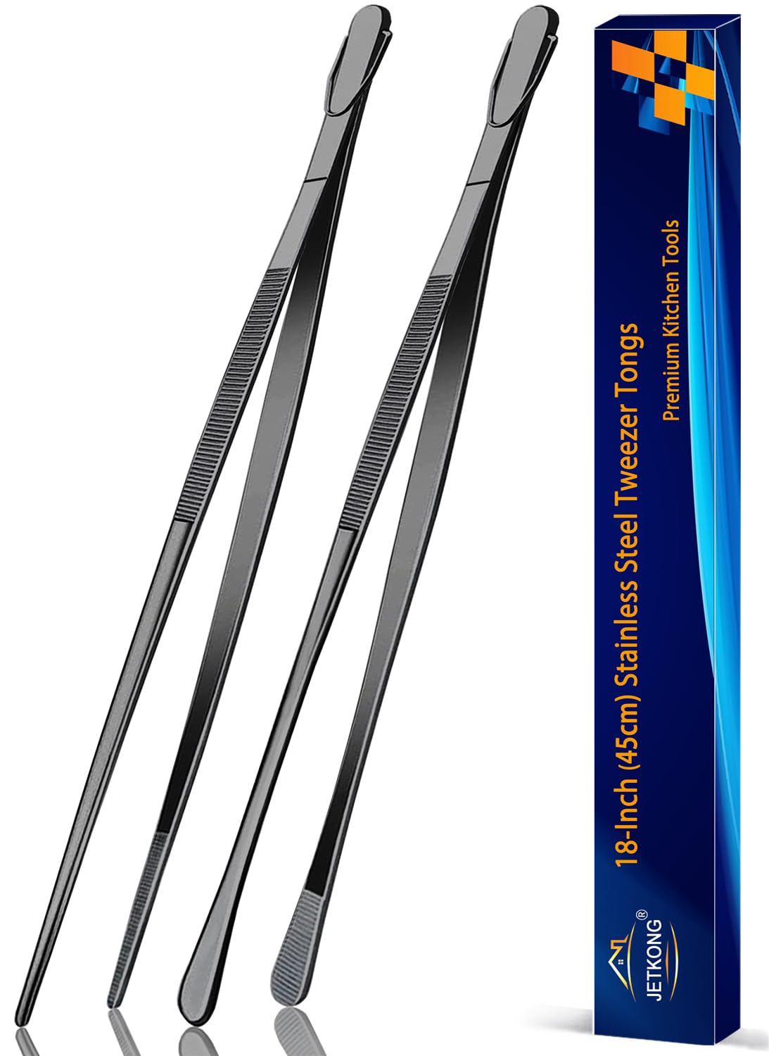 JETKONG 2 Pcs 12-Inch Cooking Tweezer Tongs Stainless Steel Kitchen Tweezers Plating Tongs (Navy Blue)
