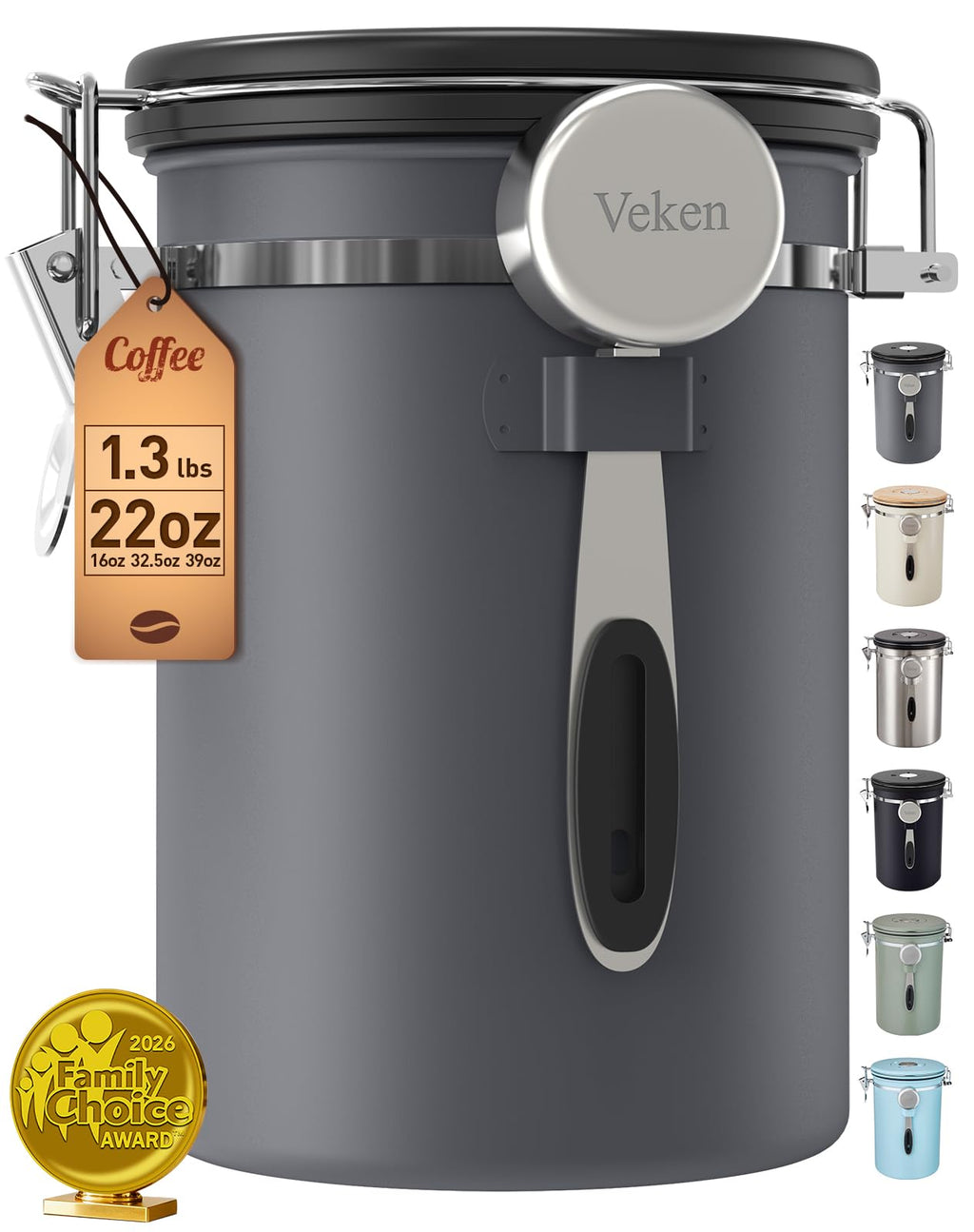Veken Coffee Canister,39OZ, 2.2lbs,Large Airtight Stainless Steel Container