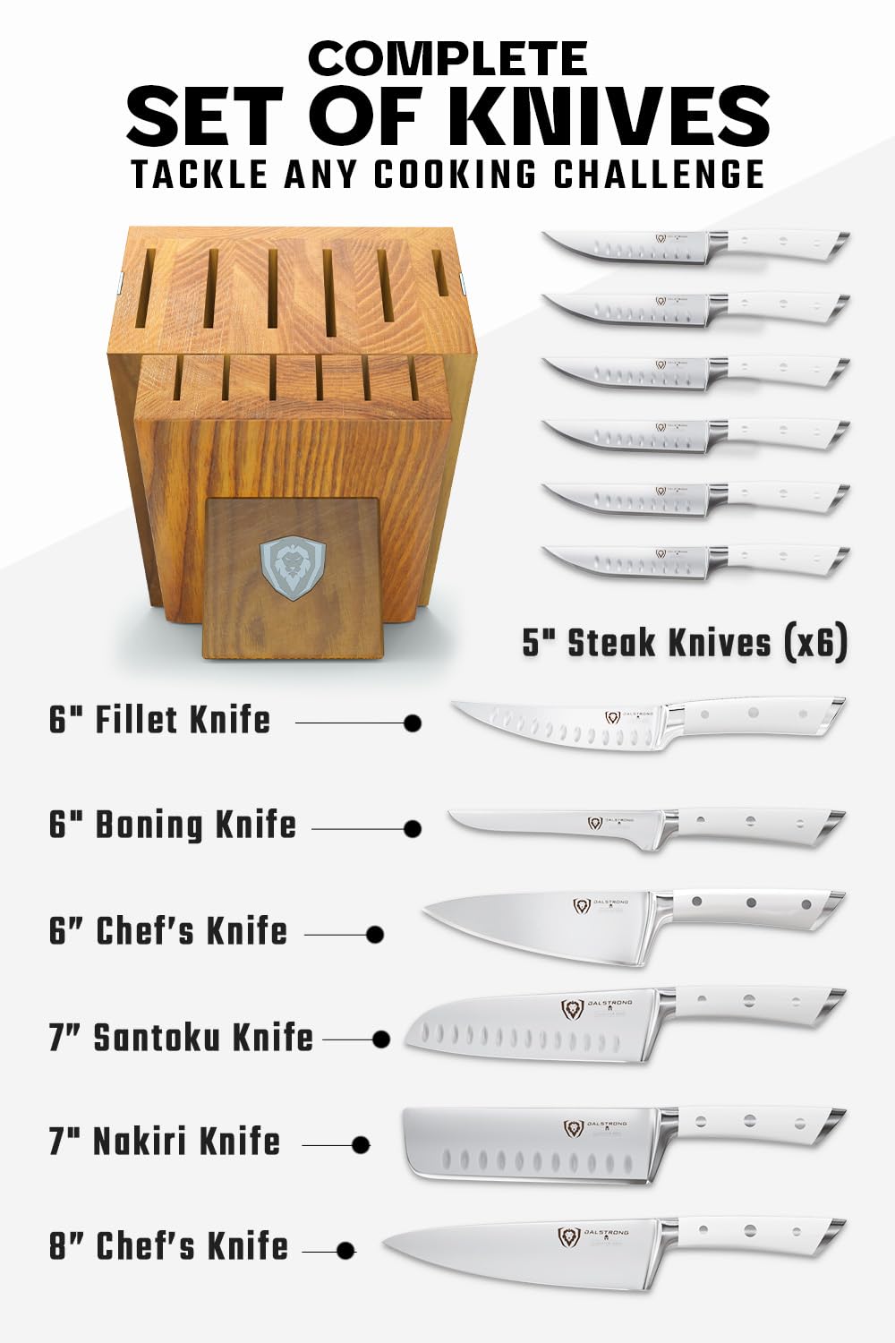 Dalstrong 12-Piece Knife Block Set — White Handles, Hand-Made Manchurian Ash Block — German HC Steel, 56+ HRC, NSF Certified — For Light Kitchens, Gifting & Complete Knife Coverage, Gladiator ELITE
