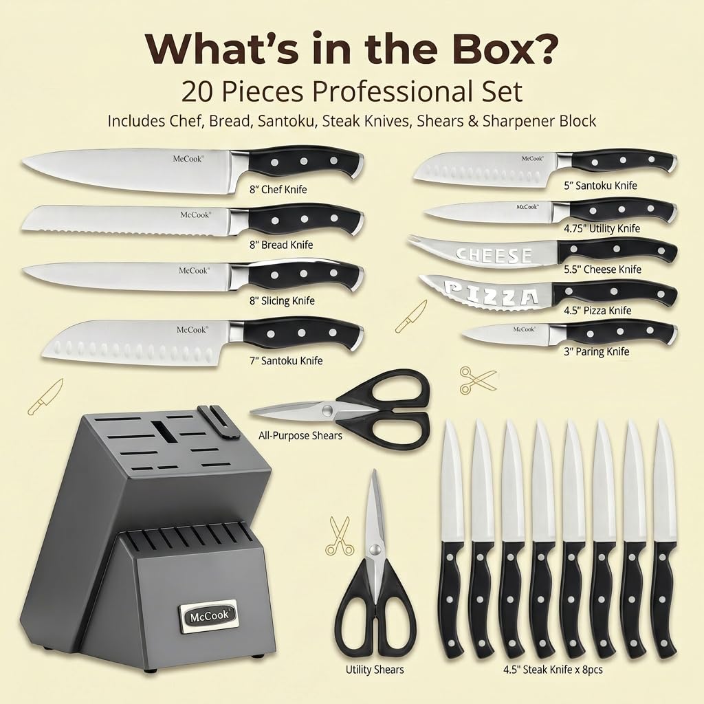 McCook Knife Set Sharp Kitchen Knife Block Set w Built-in Sharpener